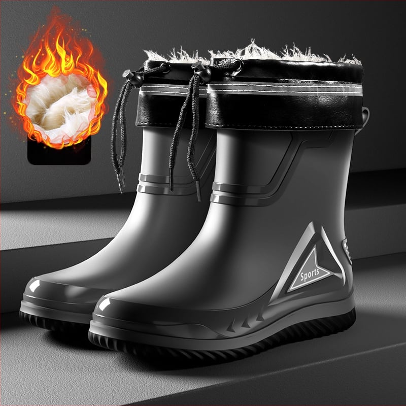 Vīriešu lietus zābaki ar PVC augšdaļu, vidēja caurules augstums, injekcijas veidota plastmasas zole, apaļa purns, piemērotas visām sezonām