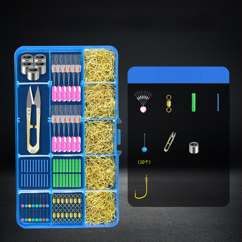 Zvejas piederumu komplekts ar āķiem, zvejas pavediens, atstarpe pērlītes, svina svarus un osmiņu formu gredzenus — viss vienā kastē