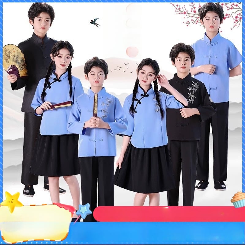 Vaikų sceninis kostiumas Zhongshan stiliumi, unisex, skirtas mokyklos chorui ir deklamavimui; amžiaus grupė 3–8 metų; pagrindinis audinys Vinylon 100%; audinio pavadinimas: medvilnė ir linai; apdaila: švelni apdaila ir skystu amoniako apdorojimas