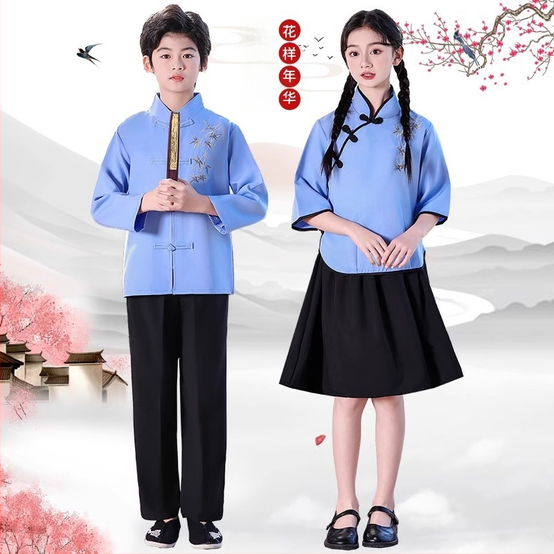Vaikų sceninis kostiumas Zhongshan stiliumi, unisex, skirtas mokyklos chorui ir deklamavimui; amžiaus grupė 3–8 metų; pagrindinis audinys Vinylon 100%; audinio pavadinimas: medvilnė ir linai; apdaila: švelni apdaila ir skystu amoniako apdorojimas