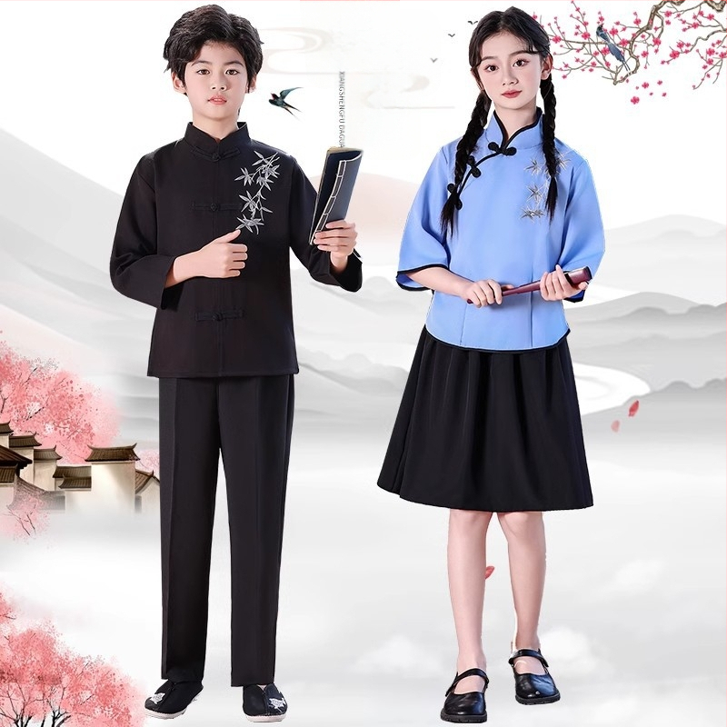 Vaikų sceninis kostiumas Zhongshan stiliumi, unisex, skirtas mokyklos chorui ir deklamavimui; amžiaus grupė 3–8 metų; pagrindinis audinys Vinylon 100%; audinio pavadinimas: medvilnė ir linai; apdaila: švelni apdaila ir skystu amoniako apdorojimas