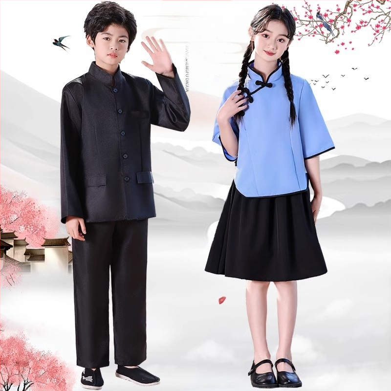 Vaikų sceninis kostiumas Zhongshan stiliumi, unisex, skirtas mokyklos chorui ir deklamavimui; amžiaus grupė 3–8 metų; pagrindinis audinys Vinylon 100%; audinio pavadinimas: medvilnė ir linai; apdaila: švelni apdaila ir skystu amoniako apdorojimas