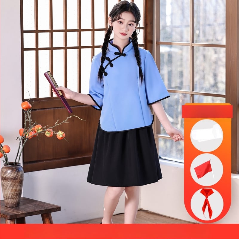 Vaikų sceninis kostiumas Zhongshan stiliumi, unisex, skirtas mokyklos chorui ir deklamavimui; amžiaus grupė 3–8 metų; pagrindinis audinys Vinylon 100%; audinio pavadinimas: medvilnė ir linai; apdaila: švelni apdaila ir skystu amoniako apdorojimas