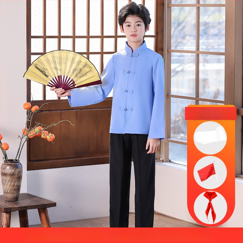 Vaikų sceninis kostiumas Zhongshan stiliumi, unisex, skirtas mokyklos chorui ir deklamavimui; amžiaus grupė 3–8 metų; pagrindinis audinys Vinylon 100%; audinio pavadinimas: medvilnė ir linai; apdaila: švelni apdaila ir skystu amoniako apdorojimas