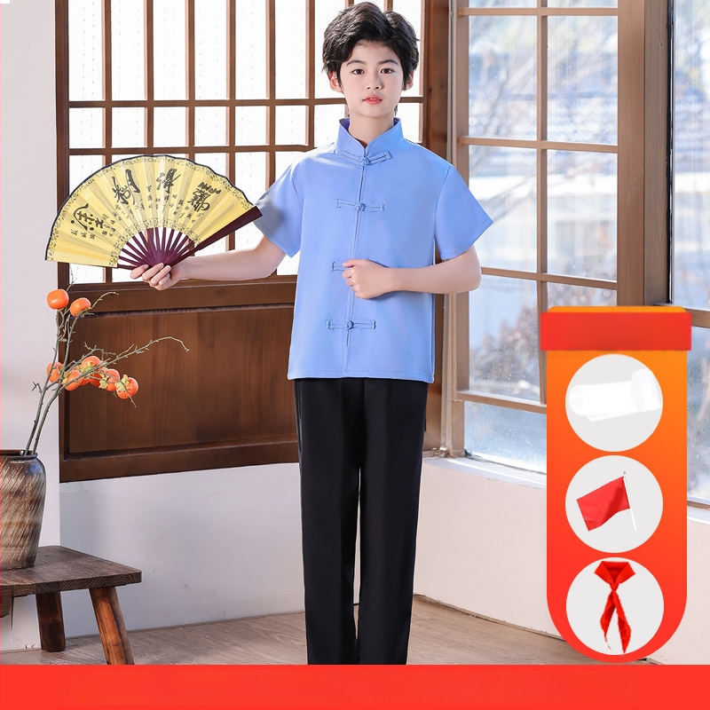 Vaikų sceninis kostiumas Zhongshan stiliumi, unisex, skirtas mokyklos chorui ir deklamavimui; amžiaus grupė 3–8 metų; pagrindinis audinys Vinylon 100%; audinio pavadinimas: medvilnė ir linai; apdaila: švelni apdaila ir skystu amoniako apdorojimas