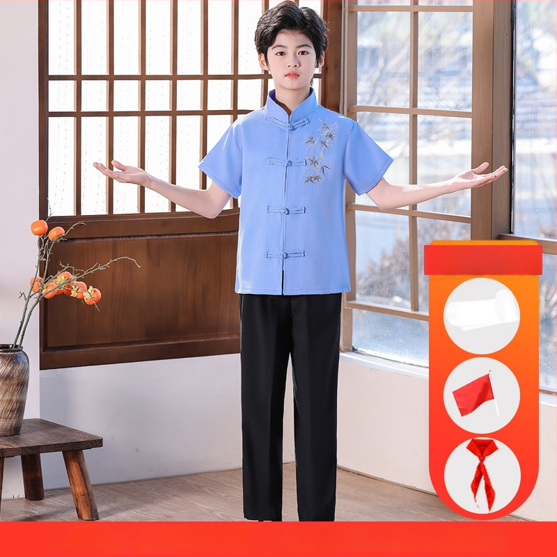 Vaikų sceninis kostiumas Zhongshan stiliumi, unisex, skirtas mokyklos chorui ir deklamavimui; amžiaus grupė 3–8 metų; pagrindinis audinys Vinylon 100%; audinio pavadinimas: medvilnė ir linai; apdaila: švelni apdaila ir skystu amoniako apdorojimas