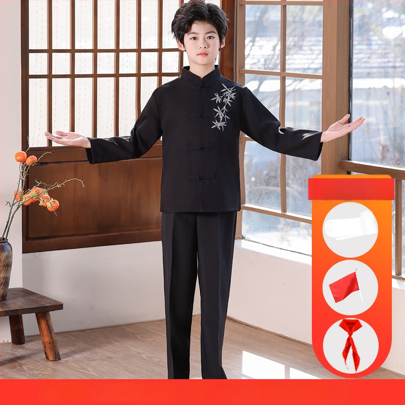 Vaikų sceninis kostiumas Zhongshan stiliumi, unisex, skirtas mokyklos chorui ir deklamavimui; amžiaus grupė 3–8 metų; pagrindinis audinys Vinylon 100%; audinio pavadinimas: medvilnė ir linai; apdaila: švelni apdaila ir skystu amoniako apdorojimas