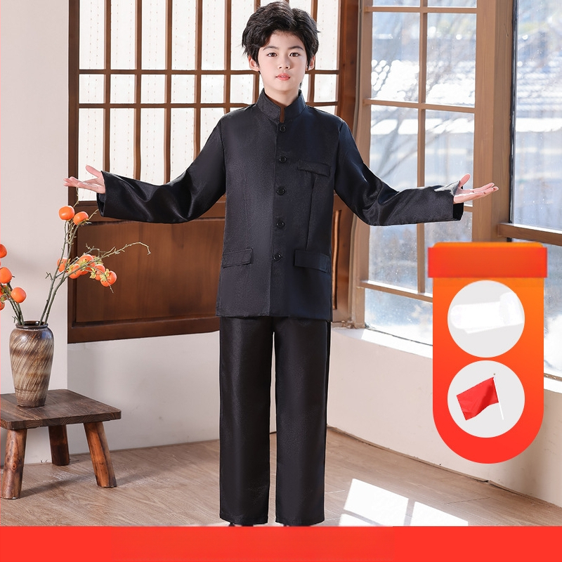 Vaikų sceninis kostiumas Zhongshan stiliumi, unisex, skirtas mokyklos chorui ir deklamavimui; amžiaus grupė 3–8 metų; pagrindinis audinys Vinylon 100%; audinio pavadinimas: medvilnė ir linai; apdaila: švelni apdaila ir skystu amoniako apdorojimas