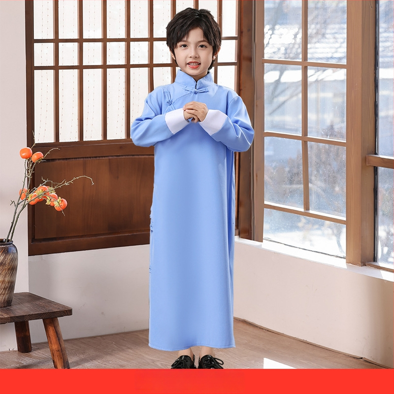 Vaikų sceninis kostiumas Zhongshan stiliumi, unisex, skirtas mokyklos chorui ir deklamavimui; amžiaus grupė 3–8 metų; pagrindinis audinys Vinylon 100%; audinio pavadinimas: medvilnė ir linai; apdaila: švelni apdaila ir skystu amoniako apdorojimas