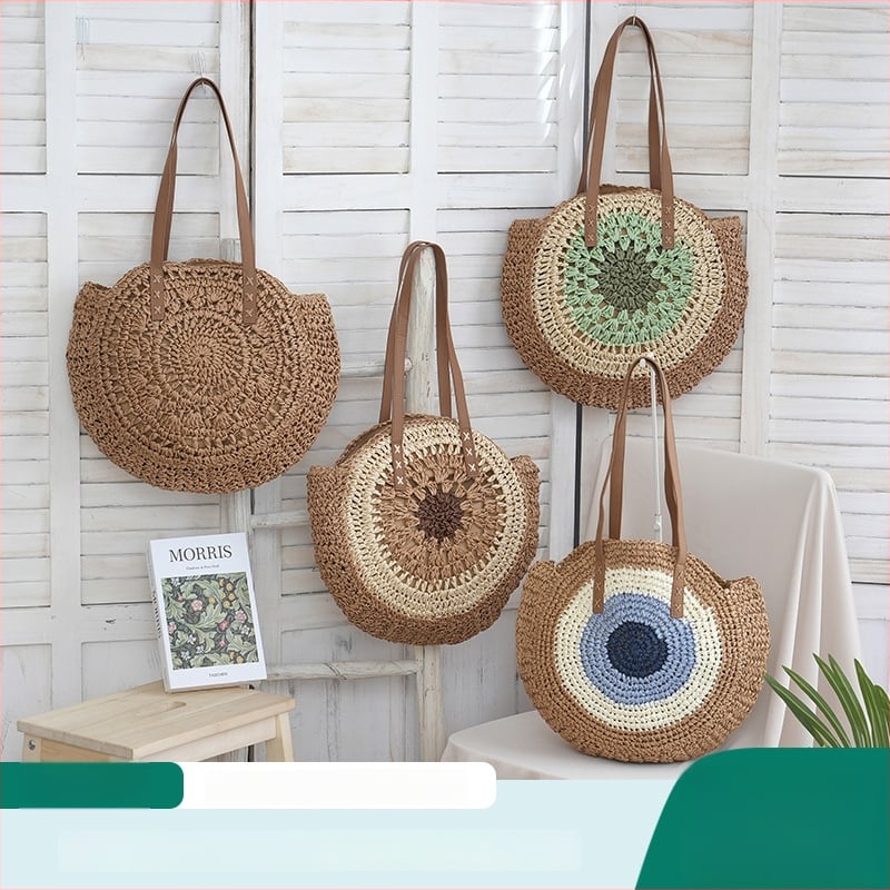 Ümmargune õlekõrrest kootud õla kott – linnalik lihtne stiil, tõmblukk kinnitusega, laminoid sisemus, üks õlarihm, kevad 2025