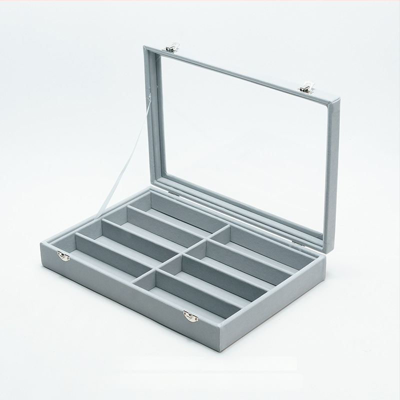 Akinų ir laikrodžių saugyklos dėžutė su dangteliu, 8 skyriai, dulkėms atspari stalinė saugykla