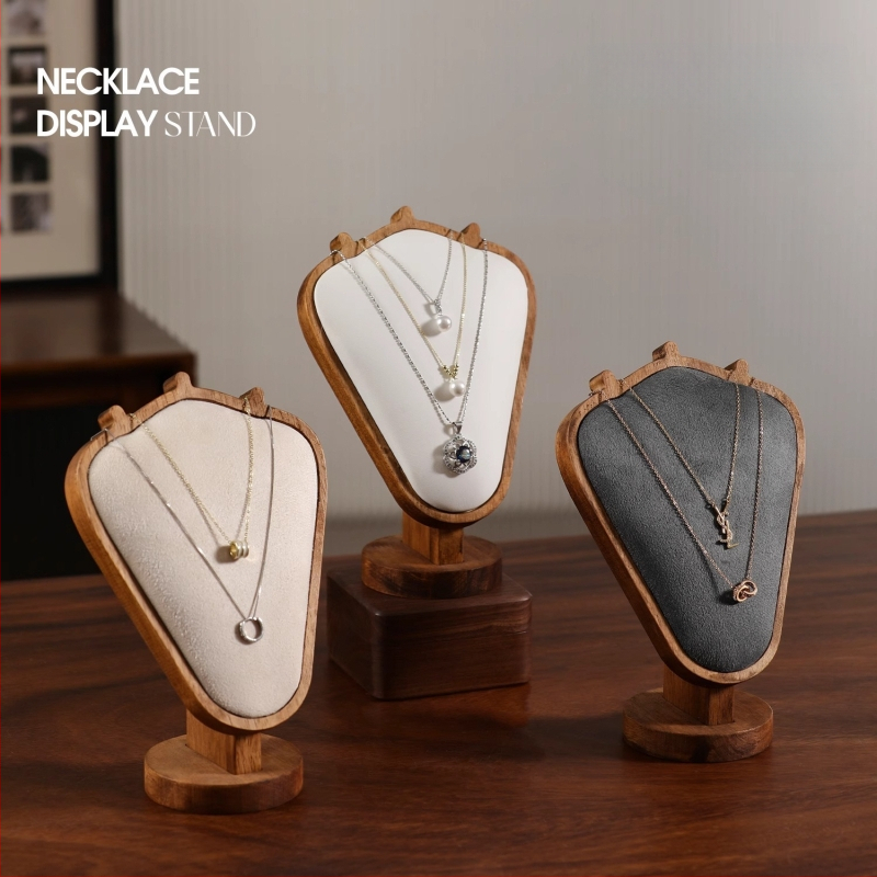 Riešutmedžio rašto kaklo papuošalų demonstravimo stovas – stalinis juvelyrikos ekspozicijos laikiklis, modernus minimalistinis stilius, 1 lygis