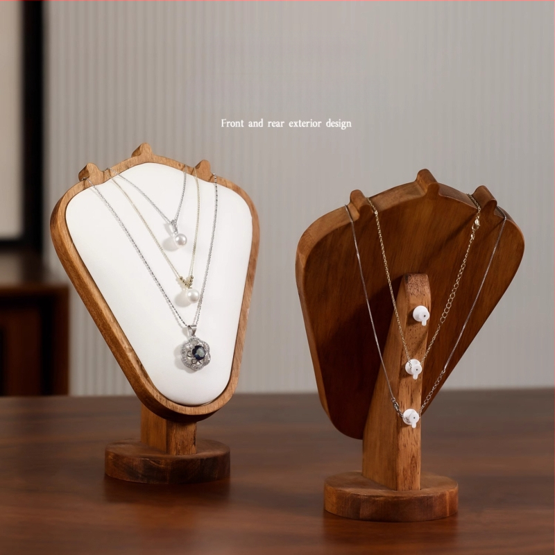 Riešutmedžio rašto kaklo papuošalų demonstravimo stovas – stalinis juvelyrikos ekspozicijos laikiklis, modernus minimalistinis stilius, 1 lygis