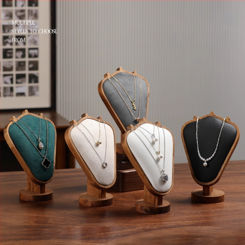 Riešutmedžio rašto kaklo papuošalų demonstravimo stovas – stalinis juvelyrikos ekspozicijos laikiklis, modernus minimalistinis stilius, 1 lygis