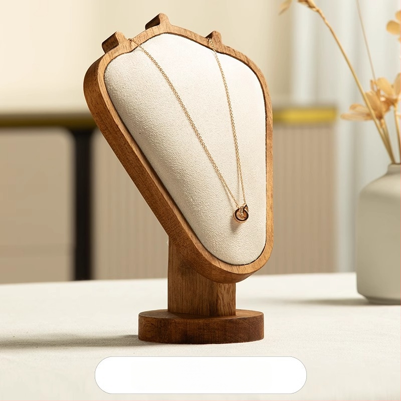 Riešutmedžio rašto kaklo papuošalų demonstravimo stovas – stalinis juvelyrikos ekspozicijos laikiklis, modernus minimalistinis stilius, 1 lygis