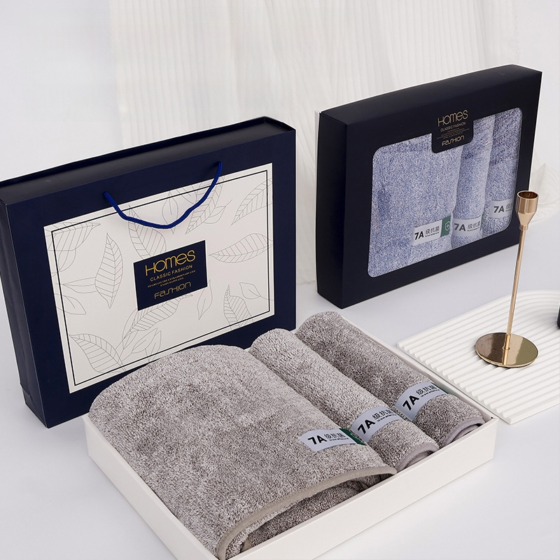 Triju dvieļu komplekts dāvanu kastē, korāla pūkains audums, uzsūcošs, logotipa personalizācija, zīmols Mufanduo