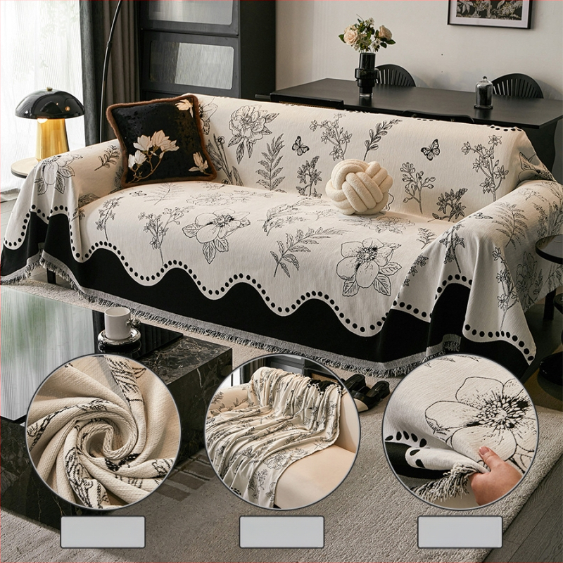 Chenille kanapéfedő - háromüléses, kétoldalas, virágos minta, sokoldalú