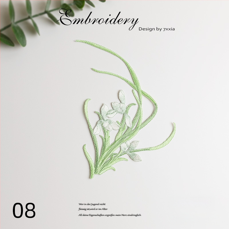 Spalvingos orchidėjos siuviniai iš rayon audinio – DIY rankdarbiams, Kinijos stiliaus audiniai dekoratyviniai aksesuarai galvos apdangalams, drabužiams ir dekoravimui