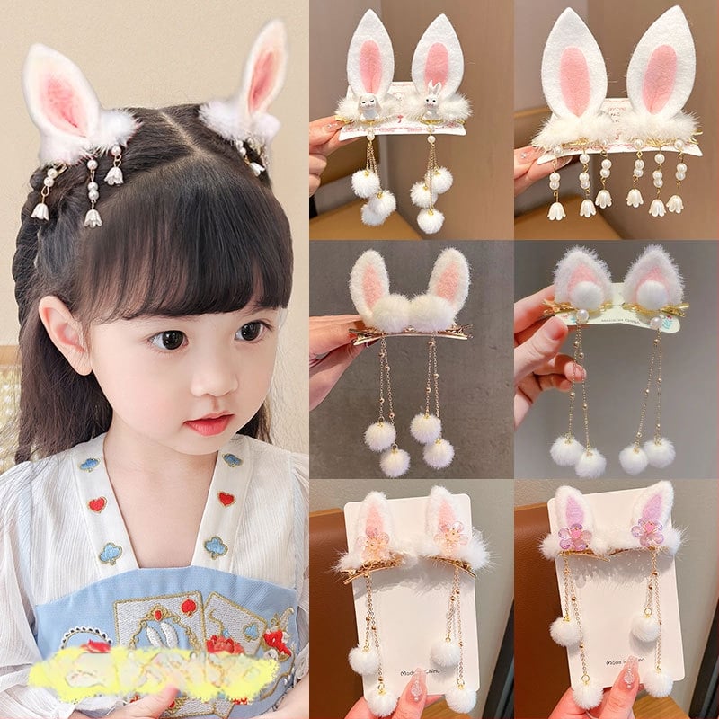 Bērnu matu spraudes ar antīku stilu truša ausīm un pūkainu auklu kulciņu, materiāls resīns, ziemā 2024