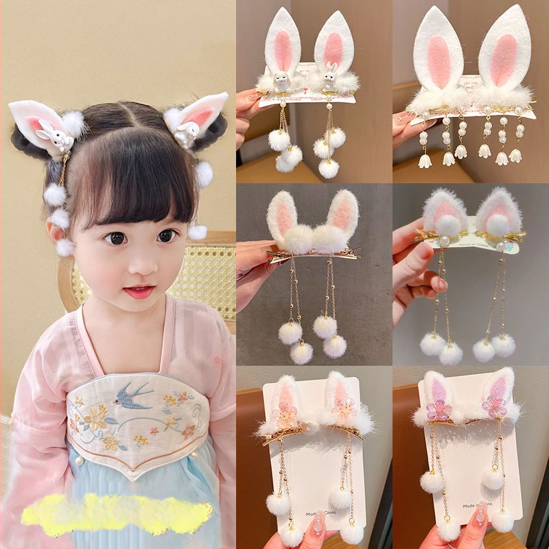 Bērnu matu spraudes ar antīku stilu truša ausīm un pūkainu auklu kulciņu, materiāls resīns, ziemā 2024