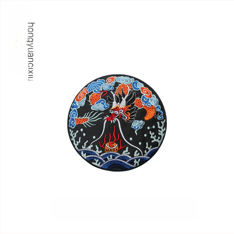 Siuvinėta drakono aplikacija apvalios formos Hanfu drabužiams ir dekoravimui