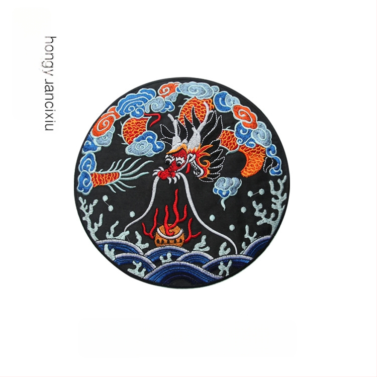 Siuvinėta drakono aplikacija apvalios formos Hanfu drabužiams ir dekoravimui