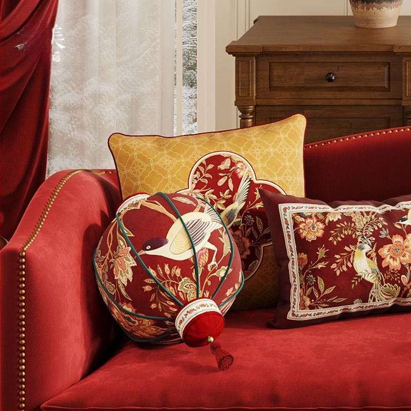 Garš ķīniešu stila Ruyi spilvens dīvānam, Chenille pārvalks un pildījums, digitālā druka, svētku raksts, personalizējams