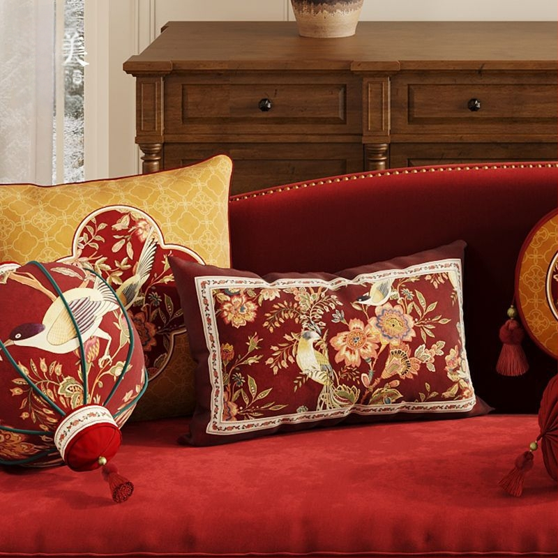 Garš ķīniešu stila Ruyi spilvens dīvānam, Chenille pārvalks un pildījums, digitālā druka, svētku raksts, personalizējams