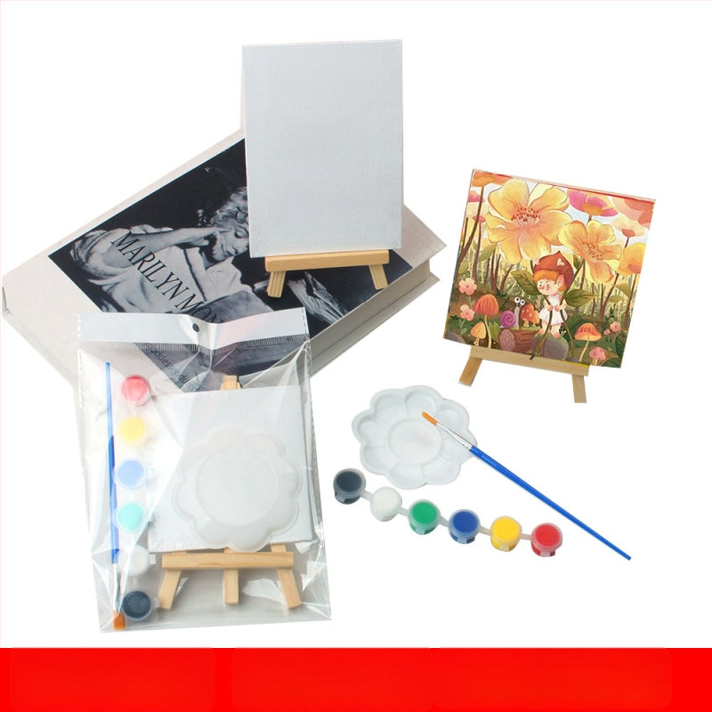 Bērnu DIY eļļas gleznošanas komplekts – mini kvadrātveida auduma panelis ar 3 mm biezumu, komplektā statīvs, otā un krāsas