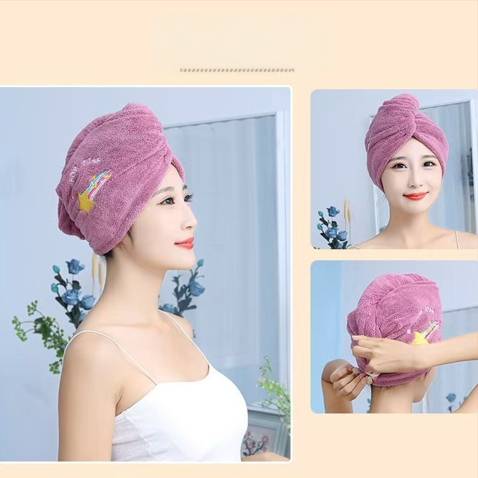 Korāla flīša izšūta dušas cepure matu žāvešanai sievietēm; svars 80–99 g; 21 diegs; šūta