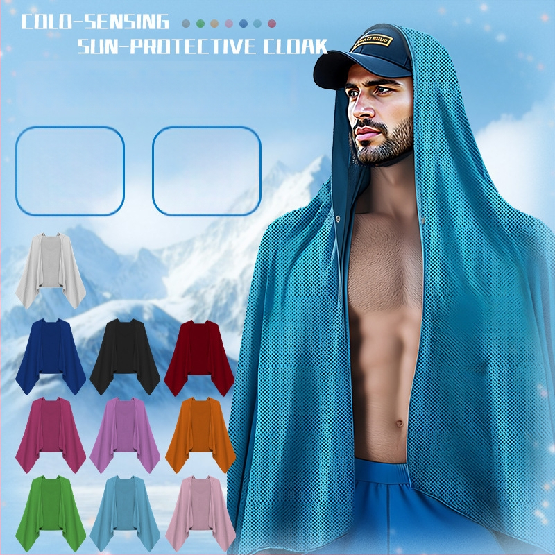 Kültéri sport törölköző kapucnival – hideg selyemből, gyors száradás, napvédelmi funkció, súly 170–200 g, sima szövés