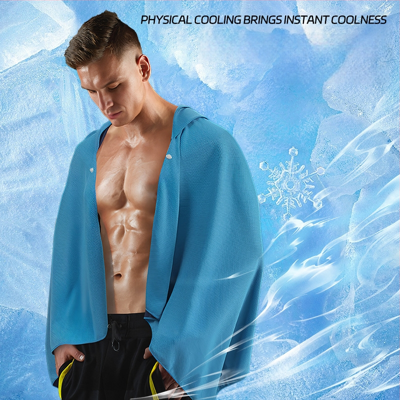 Kültéri sport törölköző kapucnival – hideg selyemből, gyors száradás, napvédelmi funkció, súly 170–200 g, sima szövés