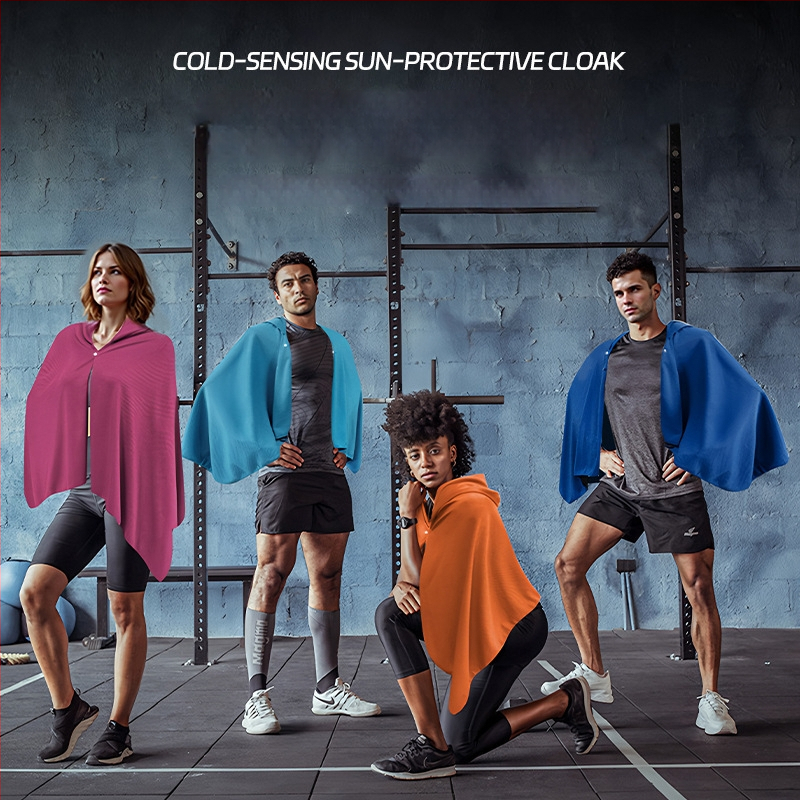 Kültéri sport törölköző kapucnival – hideg selyemből, gyors száradás, napvédelmi funkció, súly 170–200 g, sima szövés