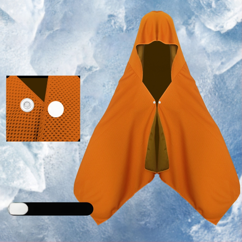 Kültéri sport törölköző kapucnival – hideg selyemből, gyors száradás, napvédelmi funkció, súly 170–200 g, sima szövés