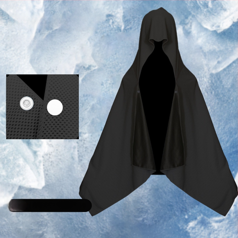 Kültéri sport törölköző kapucnival – hideg selyemből, gyors száradás, napvédelmi funkció, súly 170–200 g, sima szövés