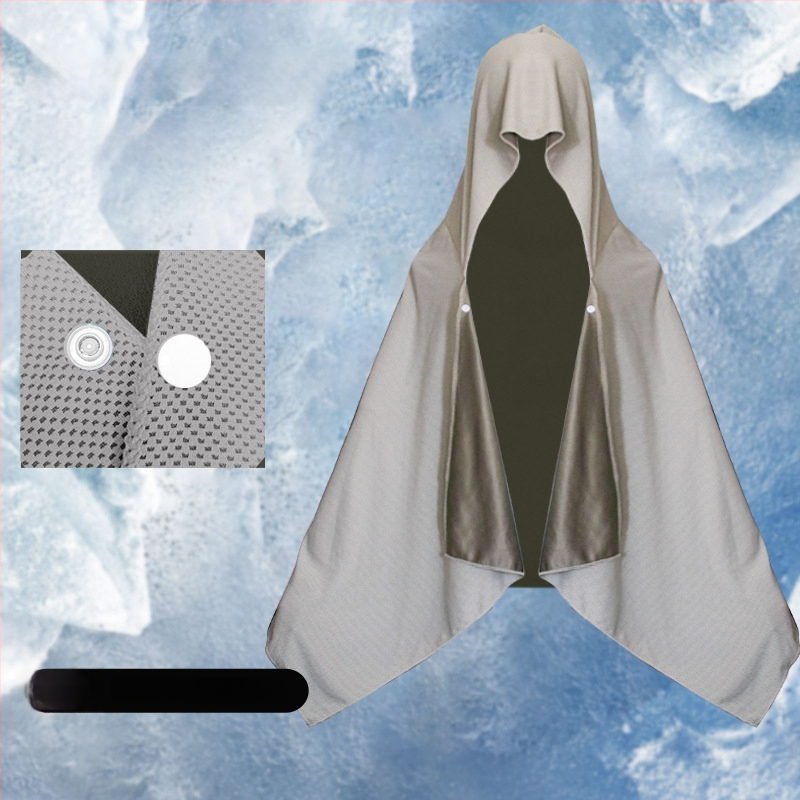 Kültéri sport törölköző kapucnival – hideg selyemből, gyors száradás, napvédelmi funkció, súly 170–200 g, sima szövés