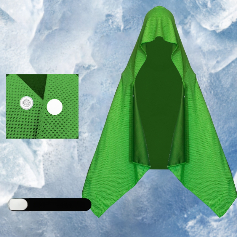 Kültéri sport törölköző kapucnival – hideg selyemből, gyors száradás, napvédelmi funkció, súly 170–200 g, sima szövés