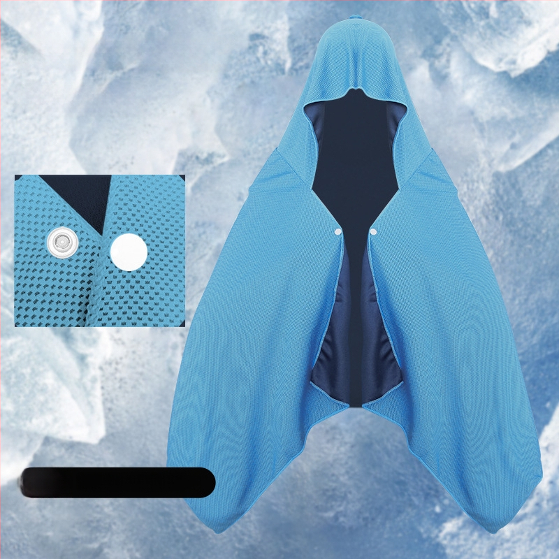 Kültéri sport törölköző kapucnival – hideg selyemből, gyors száradás, napvédelmi funkció, súly 170–200 g, sima szövés