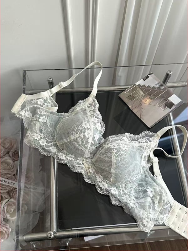 Bezvadu franču stila mežģīņu push-up krūšturis ar formētām kupām — augšējā daļa plāna, apakšējā daļa bieza; neilona audums ar spandeksa pildījumu; elpojošs; aizmugurē trīs rindu aizdare