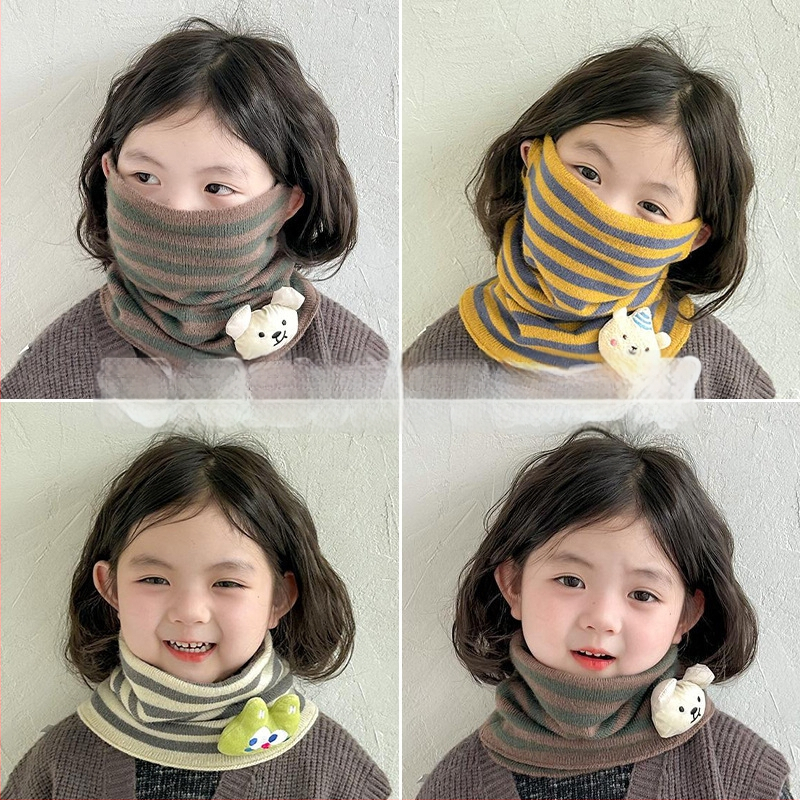 Ziemas bērnu adīta kakla šalle ar svītrainu rakstu, poliesters, uztur siltumu, daudzfunkcionāla – var nēsāt arī kā sejas masku