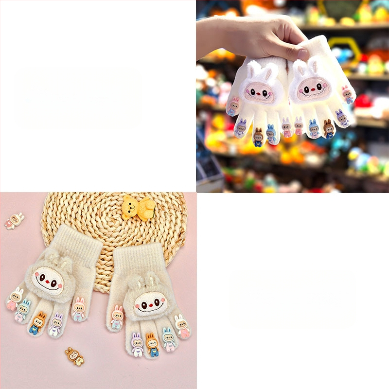 Karikatūras raksts ar atdalītiem pirkstiem skārienjutīgo ekrānu cimdi, silti adīti cimdi no imitētās kažokādas materiāla, vīriešiem un zēniem 3–10 gadi, ziema–rudens