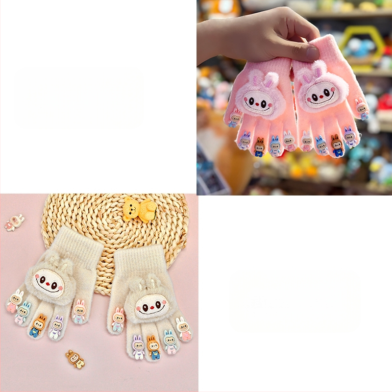 Karikatūras raksts ar atdalītiem pirkstiem skārienjutīgo ekrānu cimdi, silti adīti cimdi no imitētās kažokādas materiāla, vīriešiem un zēniem 3–10 gadi, ziema–rudens