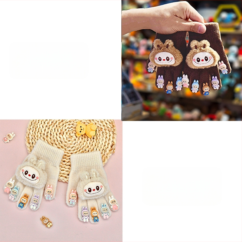 Karikatūras raksts ar atdalītiem pirkstiem skārienjutīgo ekrānu cimdi, silti adīti cimdi no imitētās kažokādas materiāla, vīriešiem un zēniem 3–10 gadi, ziema–rudens