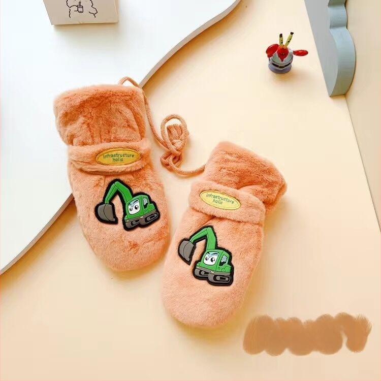 Bērnu cimdi no polārā flīsa ar ekskavatora zīmējumu, Korejas stila, pilniem pirkstiem, silti (Materiāls: polāra flīse/polieters; Funkcija: saglabāt siltumu; Sezona: pavasaris; Dzimums: zēni un meitenes; Izlaidums: 2025. gada pavasaris)