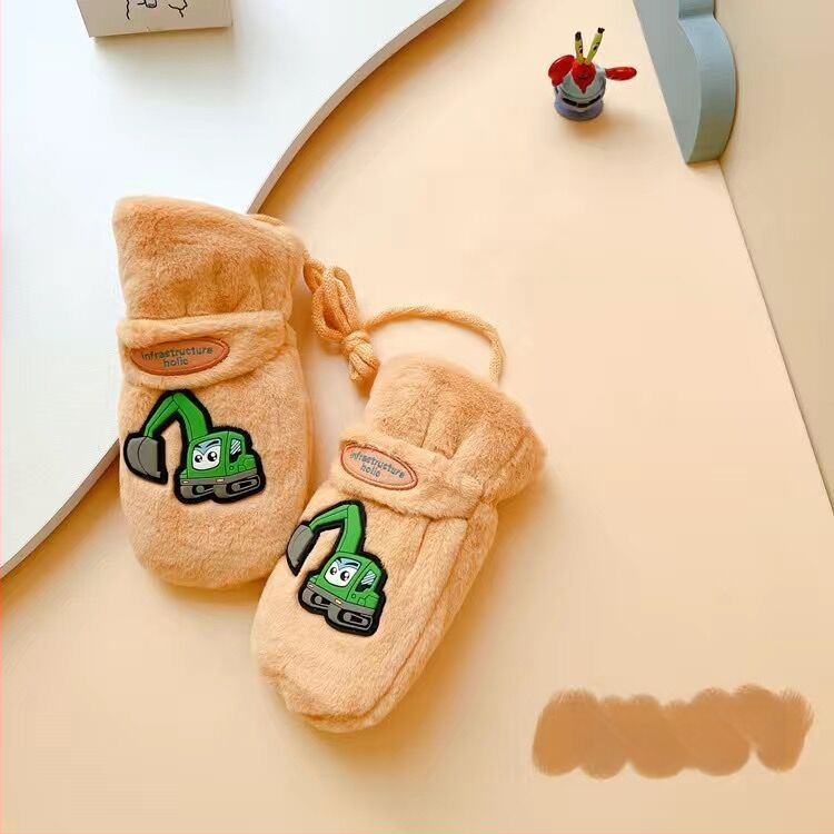 Bērnu cimdi no polārā flīsa ar ekskavatora zīmējumu, Korejas stila, pilniem pirkstiem, silti (Materiāls: polāra flīse/polieters; Funkcija: saglabāt siltumu; Sezona: pavasaris; Dzimums: zēni un meitenes; Izlaidums: 2025. gada pavasaris)