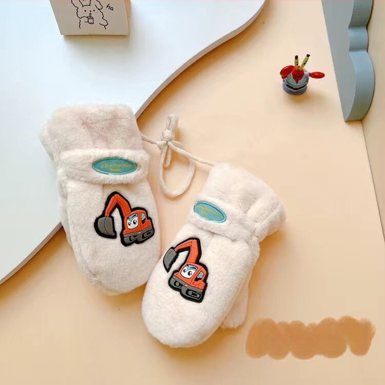 Bērnu cimdi no polārā flīsa ar ekskavatora zīmējumu, Korejas stila, pilniem pirkstiem, silti (Materiāls: polāra flīse/polieters; Funkcija: saglabāt siltumu; Sezona: pavasaris; Dzimums: zēni un meitenes; Izlaidums: 2025. gada pavasaris)