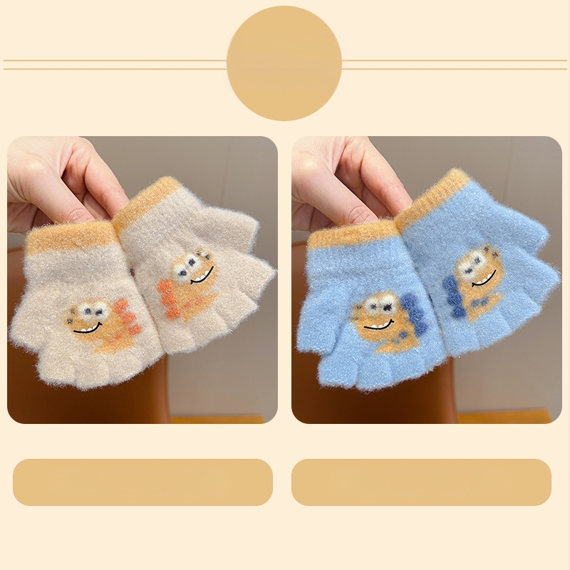 Bērnu pirkstu daļējiem cimdiem rudens–ziemas sezonai, džakarda dinosaura raksts, piecu pirkstu dalīts dizains, universāli silti ziemas cimdi