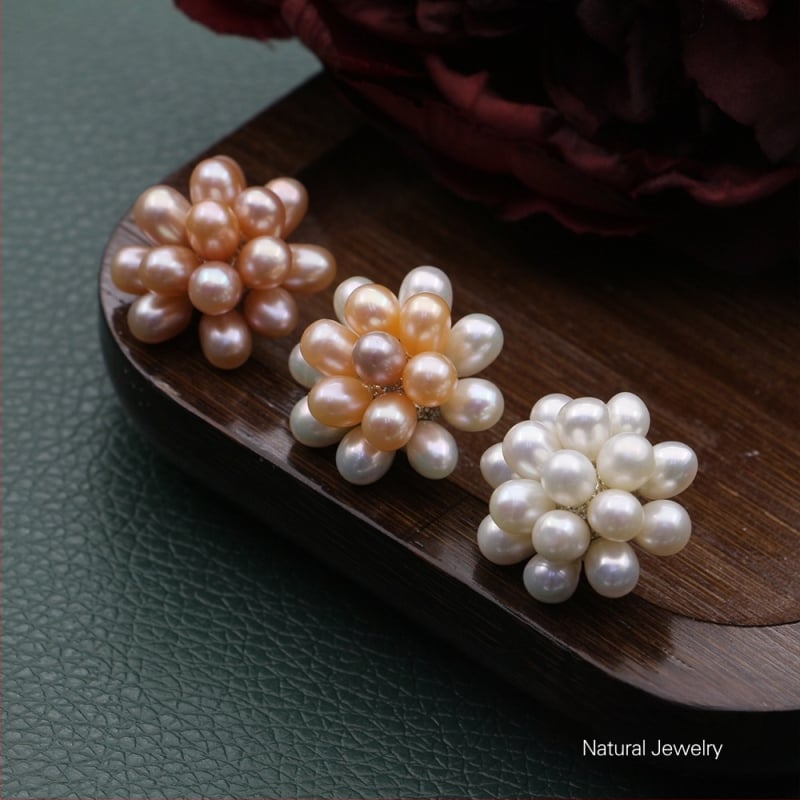 Naušnice od prirodnih slatkovodnih bisera, ručno pletene kuglice u obliku cvijeta, popcorn stil nakita