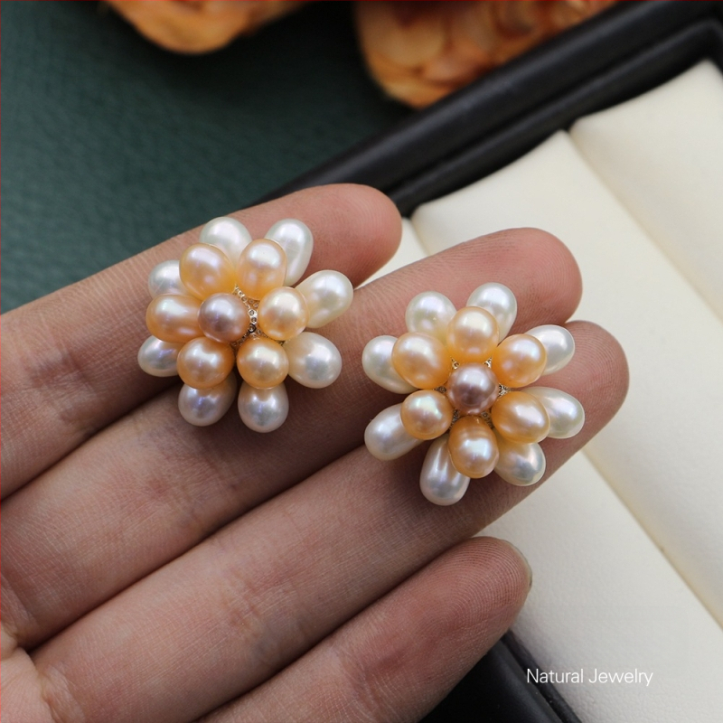 Naušnice od prirodnih slatkovodnih bisera, ručno pletene kuglice u obliku cvijeta, popcorn stil nakita