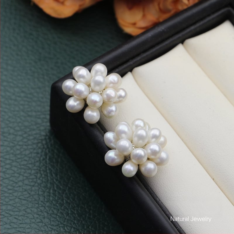 Naušnice od prirodnih slatkovodnih bisera, ručno pletene kuglice u obliku cvijeta, popcorn stil nakita